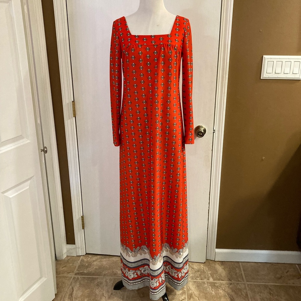 Vintage Red Orange Square Neck House Dress